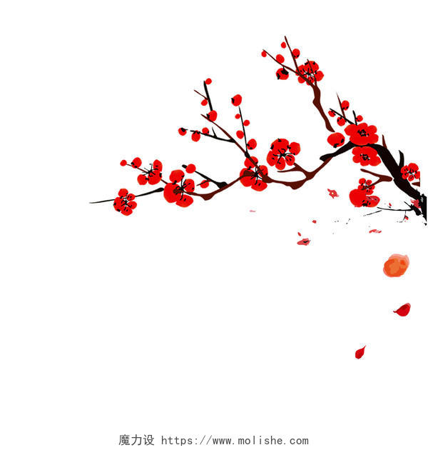 红色梅花花朵树枝png素材元素